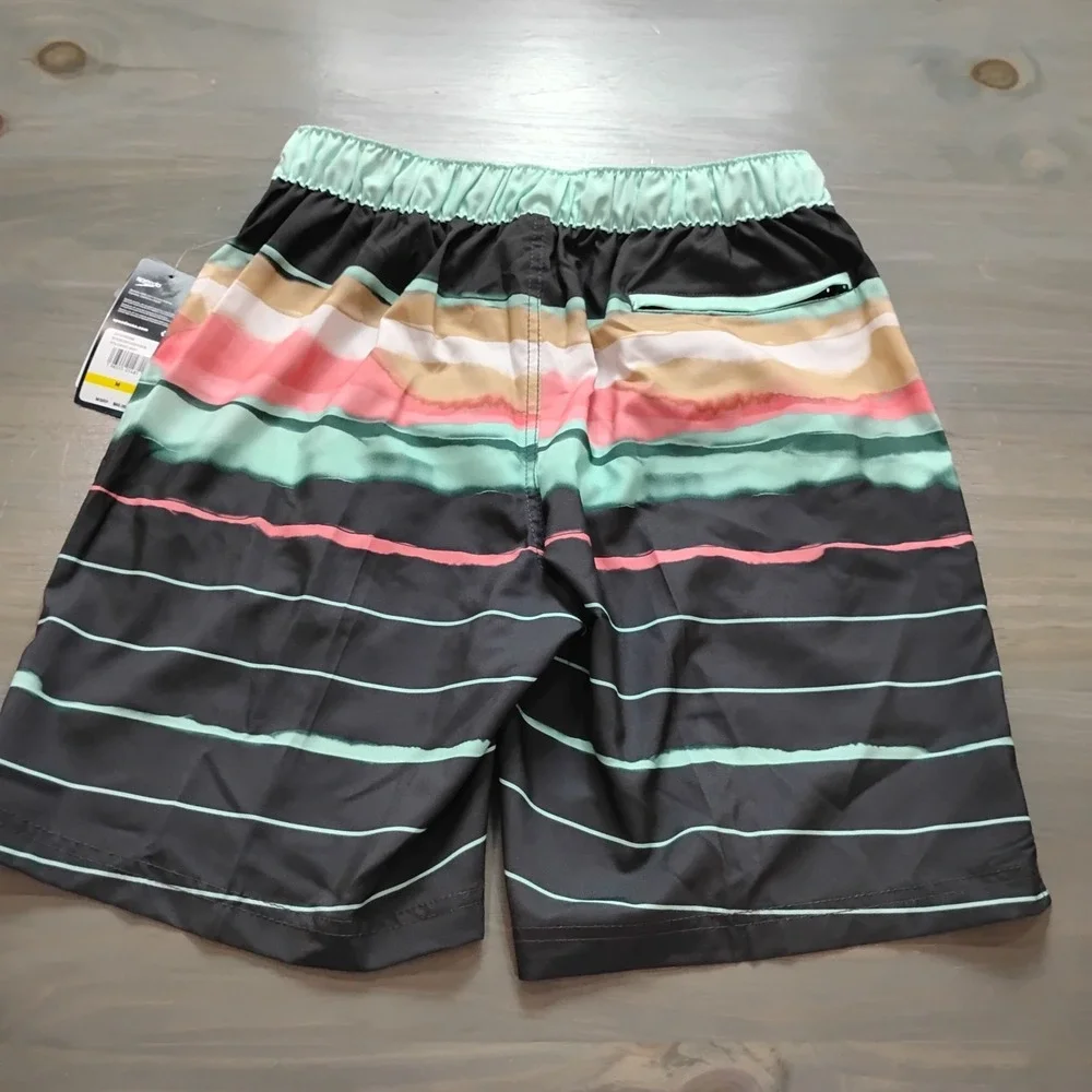 NWT SPEEDO Bondi Edge Board Shorts Men's M Black Multi Stripe Fully Lined Swim